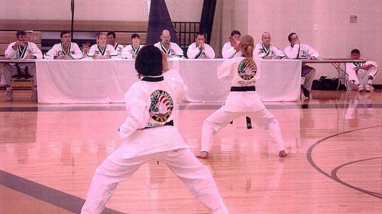 Emmons Taekwondo - A group of people practicing TaeKwonDo in a gymnasium.