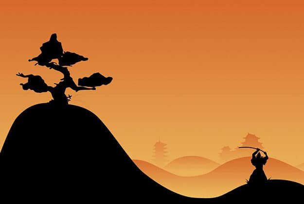 Emmons Taekwondo - A silhouette of a man with a samurai sword on a hill, representing the spirit of martial arts.